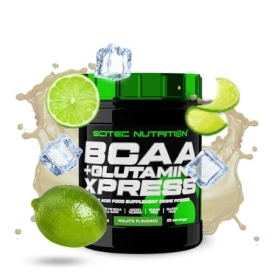 Image of Scitec Nutrition BCAA + Glutamine Xpress Essential Amino Acid Blend with 5g 2:1:1 BCAAs Fortified Taurine, 300 g, Mojito