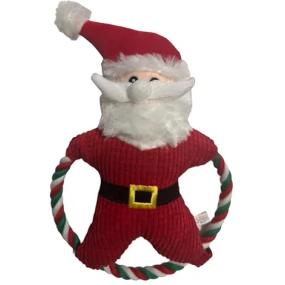 Image of Dog Interactive Christmas Pet Plush Chew Toy Squeak Honking Santa Snowman Reindeer Penguin Turkey Toys Soft Natural Corduroy Stuffed Xmas Gift (Santa Rope Ring)
