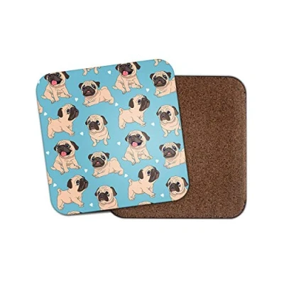Image of 1 x Cartoon Pug Dogs Coaster Puppy Blue Kids Hearts Fun Animals Pets #15790