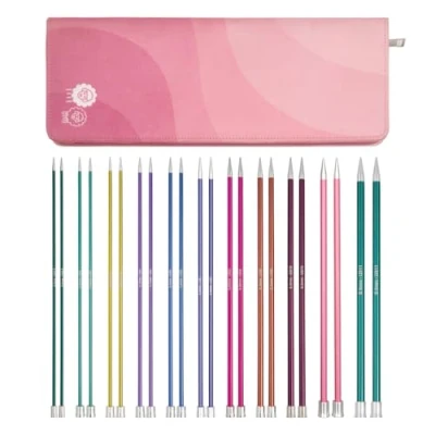 Image of KnitPro Zing Single Pointed Needle Set 11 x 25cm Ended Knitting Pin Pairs Grande Set, Colour Coded for Beginners, Professionals &amp; Gift