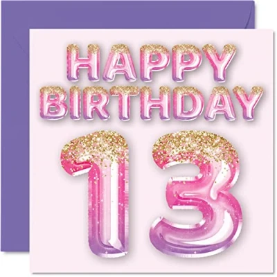 Image of 13th Birthday Card for Girls Pink &amp; Purple Glitter Balloons Happy Cards 13 Year Old Girl Daughter Sister Granddaughter Cousin, 145mm x Thirteen Thirteenth Greeting Gift
