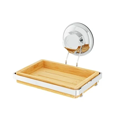 Image of Compactor Bestlock Spa Soap Holder Natural Bamboo and Chromed Steel, Easy No Drill Installation, Rustproof Waterproof, 14.6X12.6X10.5 cm