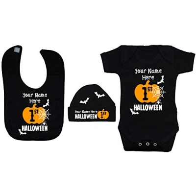 Image of Acce Products Personalised My First Halloween Baby Bodysuit Romper, Feeding Bib &amp; Beanie Hat 3 6 Months Black