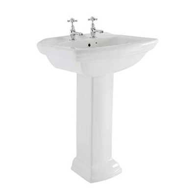 Image of Milano Sandringham Traditional 605mm x 470mm White Full Pedestal Bathroom Basin Sink 2 Tap Hole