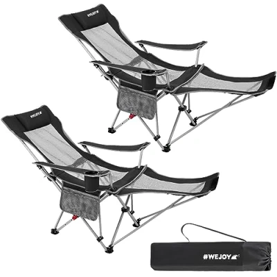 Image of #WEJOY Camping Chairs Folding Recliner Chair Adjustable with Detachable Footrest Headrest Cup Holder Lightweight Portable Reclining Camp Fold Up for Outdoor Beach Garden, Black Set of 2