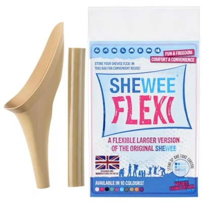 Image of SHEWEE Flexi the Original Female Urinal Made in UK Reusable, Flexible &amp; Portable Urination Device. Festival, Camping, Car, Hiking Essentials for Women. Stand to Pee Funnel Desert Sand