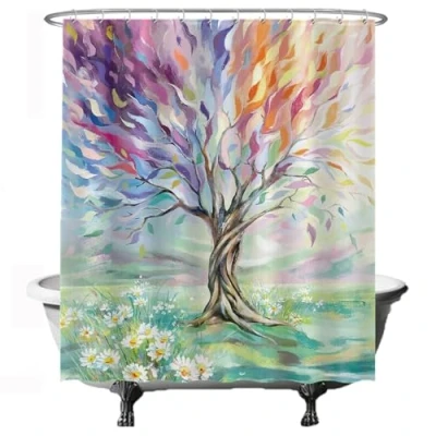 Image of Ulticool Shower Curtain Tree of Life 180 x 200 cm Bathroom Washable Anti Mould with 12 White Rings Semi Transparent Violet Orange Blue Green