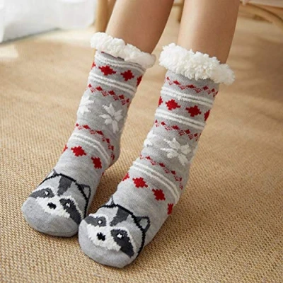Image of asdas Slipper Socks For Women With Grippers Non Slip,Fuzzy Gray Fox Slip Indoor Animal Grip Warm Fleece Skid Soft Fluffy