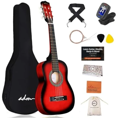 Image of ADM 1/4 Kids Classical Guitar Kit, 30&quot; Junior Set for Beginnners with Gig Bag, Clip on Tuner, Strap, Picks, Extra Strings, Storage Bag and Cleaning Cloth (Red)