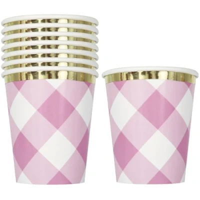 Image of Stunning Pink Gingham Foil Board 1st Birthday Paper Cups (255cm) Perfect for Your Little One&#039;s Celebration 8ct