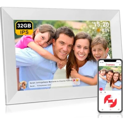 Image of Frameo 10.1 Inch 32GB Digital Picture Frame, Smart WiFi Photo IPS Touch Screen, Auto Rotate, Weather Forcast, Temperature Clock, Slideshow, Easy to Share Photos/Videos (White)
