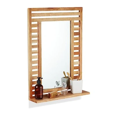 Image of Relaxdays Bathroom Mirror, 70% wood 30% glass, Natural, 70 x 50 12 cm