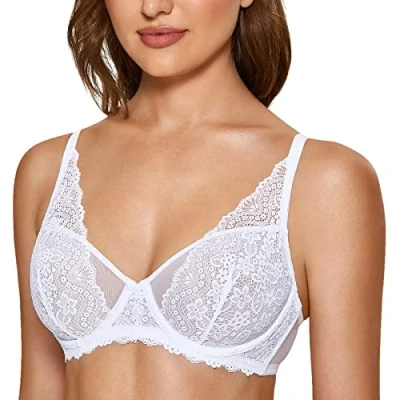 Image of DOBREVA Women&#039;s Lace Full Coverage Bra Unlined Underwired Support Minimiser Plus Size V Neck Bralette White 42B