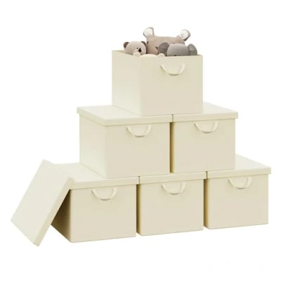 Image of WOLTU Storage Boxes Set of 6, Baskets, Cubes with Handles and Lid, Fabric Folding Baskets for Shelves in Bedroom, Study, Children&#039;s Room, Metal Frame, Cream, 48x30x36 cm