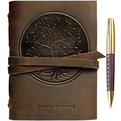 Image of Tree of Life Leather Journal Embossed Handmade Travel Diary, Vintage Writing Bound Notebook for Men Women Genuine Antique Rustic 5&quot;x7&quot; Engraved Paper Perfect Notes Sketchbook + Pen