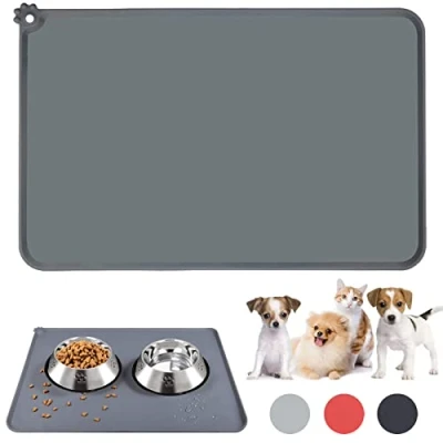 Image of Dog Food Mat,Silicone Bowl Mat,Non Slip Cat and Feeding Mat,Waterproof Placemat Puppy Rubber Tray Mat Small Grey(19inx12in)