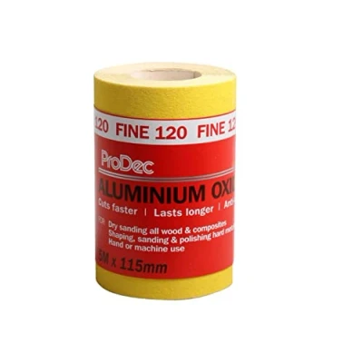 Image of ProDec 5m Roll 120 Grit Fine Grade Yellow Aluminium Oxide Abrasive Sanding Paper for Wood, Paint, Plaster, Filler, Metal and More, 115mm Wide Sandpaper Compatible with Machine Sanders
