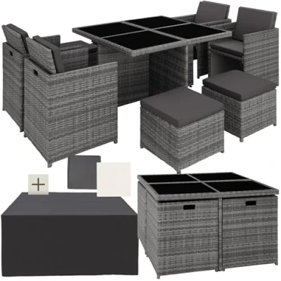 Image of TecTake® Polyrattan Garden Furniture Set with Aluminium Base, including 4 Dining Chairs, 1 Table, Stools, Foldable Lounge protective cover, For Up To 8 People grey