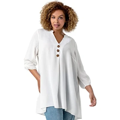 Image of Roman Womens Button Detail Tunic Top Ivory Size 18 UK