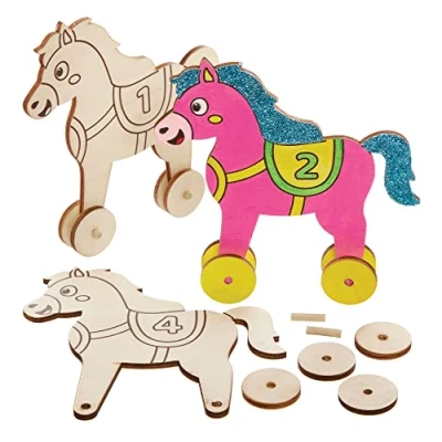 Image of Baker Ross FX568 Wooden Racehorse Kits Pack of 5, Paint Your Own Racer Kit for Kids