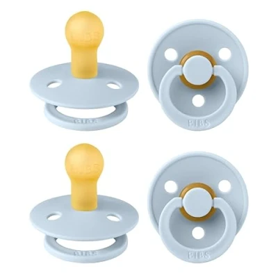 Image of BIBS Colour Soother 4 Pack, BPA Free Dummy Pacifier, Round Nipple. Natural Rubber Latex, Made in Denmark, Size 1 (0 6 Months), Baby Blue