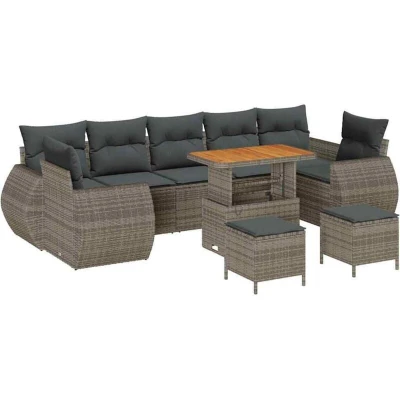 Image of vidaXL 10 Piece Garden Sofa Set with Cushions Grey Poly Rattan Acacia