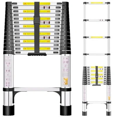 Image of Telescopic Ladder, 4.4M Stainless Steel Thickened High Strength Ladder with Non Slip Feet, Portable Ladders Extendable Adjustable Height for Loft Roof Attic Caravans