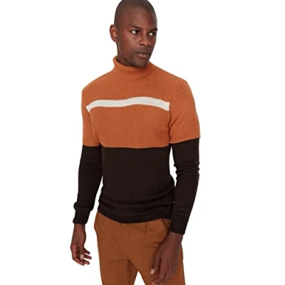 Image of Trendyol Men&#039;s Crew Neck Striped Slim Sweater Sweatshirt, Camel, XL UK