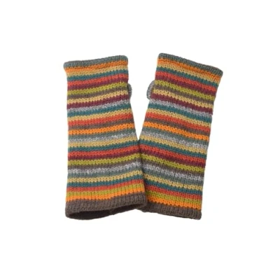 Image of Pachamama Women Wool Hand Wrist Warmers Fleece Lined Handknitted Stripe Multicoloured One Size Handmade Thumbslot Thermal Extra Warm Fair Trade