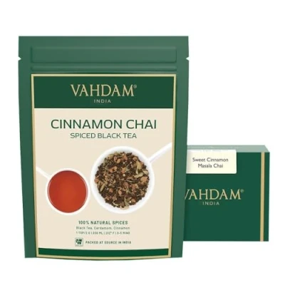 Image of VAHDAM, Cinnamon Masala Chai Tea 200g (100+ Cups) Ancient Recipe Spiced Loose Leaf Brew Hot Black Tea, Iced Or Latte Pure Unblended Vacuum Sealed