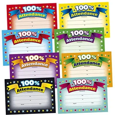 Image of 48 100% Attendance Award Motivational Childrens Pupils School Praise Reward Certificates Megamix A5 Brainwaves Primary Teaching Services