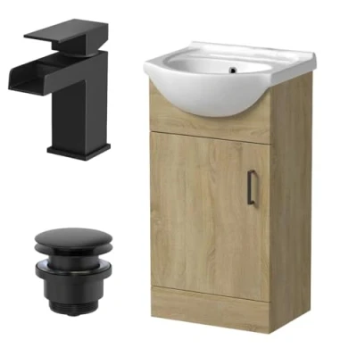 Image of Affine® 450mm Bathroom Vanity Unit Ceramic Sink Floorstanding Storage Cabinet Cupboard &amp; Black Waterfall Basin Tap Waste Set, Oak Effect