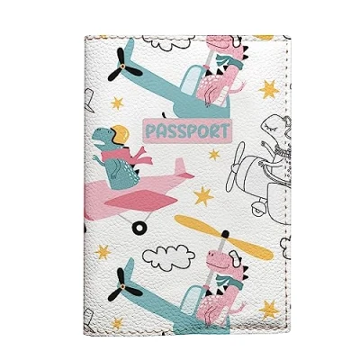 Image of White Passport Cover for Kids with Dino, Vegan Leather Holder Children, Travel Pink Dinosaur Birthday Gift Little Boys and Girls