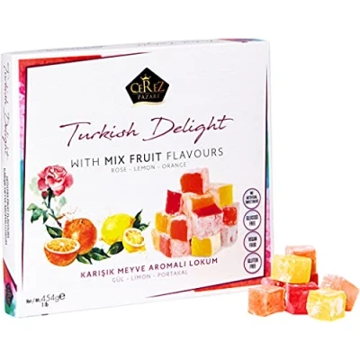 Image of Cerez Pazari Turkish Delight with Fantastic Rose,Orange and Lemon Mix Flavors 454g (No Nuts) Luxury Lokum Candy Dessert Gourmet Box