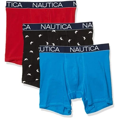 Image of Nautica Men&#039;s 3 Pack Classic Underwear Cotton Stretch Boxer Brief Red/Capri/Swordfish Print Black, XL