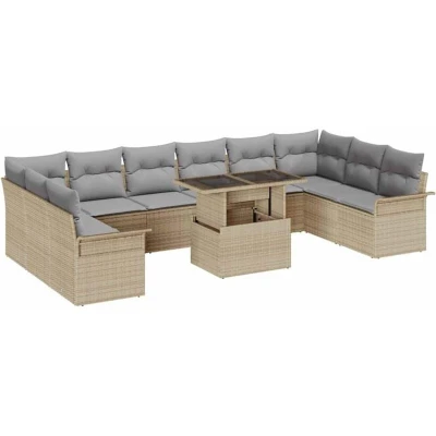 Image of vidaXL 11 Piece Garden Sofa Set with Cushions Beige Poly Rattan