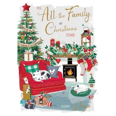 Image of To All the Family Christmas Card Cosy Festive Lounge Contemporary Artistic Design Special Finishes and Illustrated Insert Leaf Made in UK