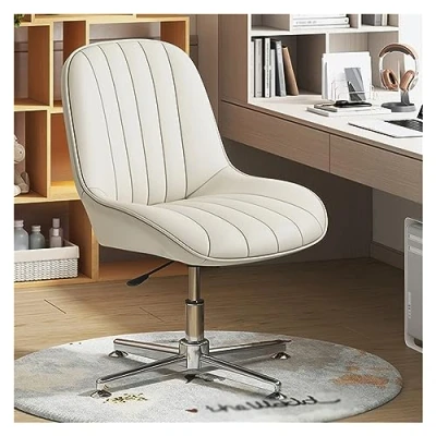 Image of Armless Office Desk Chair No Wheels,PU Leather Padded Modern Swivel Vanity Chair,Mid Back Ergonomic Adjustable Wide Seat Computer Task for Makeup (Color : Cream)