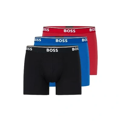 Image of Hugo Boss Men&#039;s Power 3 Pack Bold Logo Boxer Briefs, New Red/Blue/Black, L (Pack of 3)
