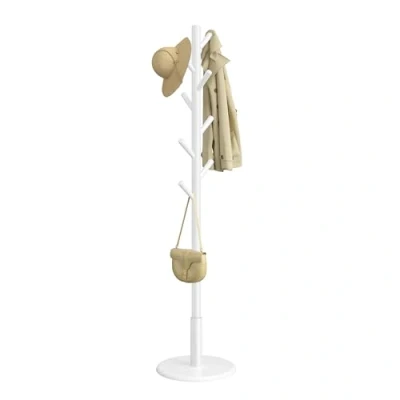 Image of VASAGLE Coat Rack, Solid Wood Stand, Free Standing Hall Tree with 8 Hooks for Coats, Hats, Bags, Purses, Entryway, Hallway, Rubberwood and Pole, Cloud White RCR009WH01