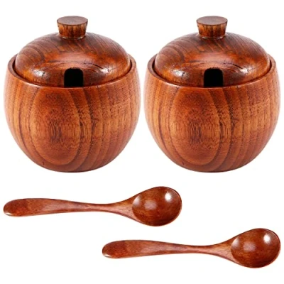Image of Daowwui 2Pcs Spice Jar Seasoning Can with Lid Spoon Wood Storage Box Sugar Pot Salt Jars Kitchen Container Condiment