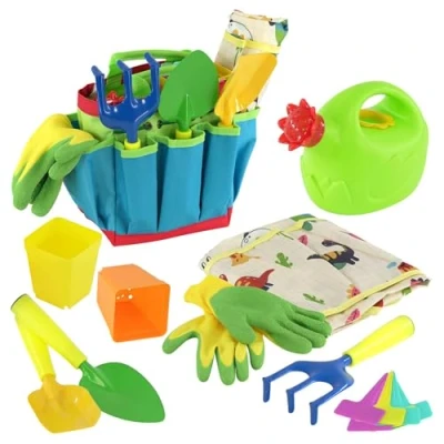 Image of Kids Garden Tools Outdoor Play Set &amp; Carry Bag Includes Watering Can Shovel Rake Trowel and Accesorries Toy