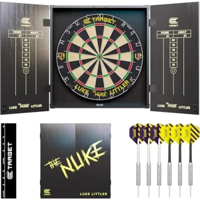 Image of Target Darts Luke Littler Cabinet &amp; Dartboard Set Player Edition ‘The Nuke’ Dart Board Cupboard with 2 Sets of Steel Tip Darts, Score Charts, Competition Standard Throw Line