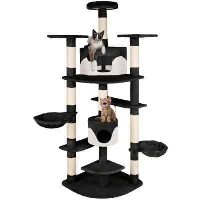 Image of tectake® Multi Level Cat Tree with Sisal Scratching Posts, Plush Fabric, 2 Cosy Houses, Hanging Beds &amp; Toy Rope, Anti Tip Protection 201 cm Tower for Play Rest Black/White