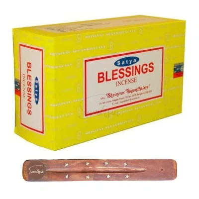 Image of Satya Nag Champa Blessings incense sticks x12 pack with SAMASIA holder Used for Blomatherapy, Spa, Yoga, Weddings, Meditation, Healing, Positivity and Relaxation