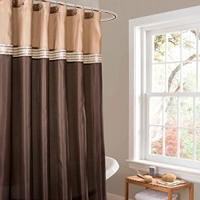 Image of Lush Decor Terra Color Block Shower Curtain Fabric Striped Neutral Bathroom Decor, 72&quot; W x L, Brown &amp; Beige