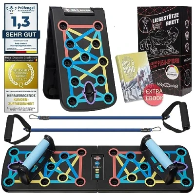 Image of Body &amp; Mind® Push Up Board; Foldable Multifunctional Elite Rack Fitness Board for Full Workout Effective Ups; Grips with Free Training Straps