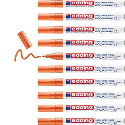 Image of edding 751 gloss paint marker orange 10 markers round tip 1 2 mm pen for glass, pebbles, wood, plastic, paper waterproof, high coverage
