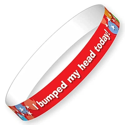 Image of 10 I Bumped My Head Today First Aid Childrens Pupils School Teachers Health Safety Wristbands 13x220mm Brainwaves Primary Teaching Services