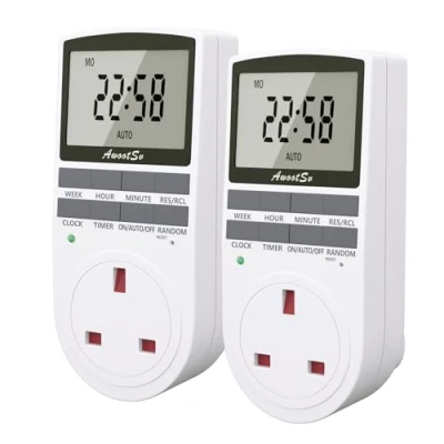 Image of Awootsv Digital Security Timer Plug Socket Programmable Switch with LCD Display 10 On Off Repeat Cycle 24 Hours/Weekly Indoor Programs for Lights and Home Appliances (2 Pack)